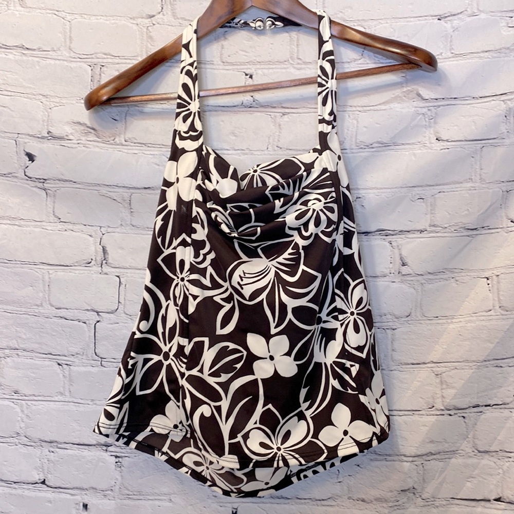Caribbean Joe Brown & White Halter Tankini Swimsuit Top Size 12